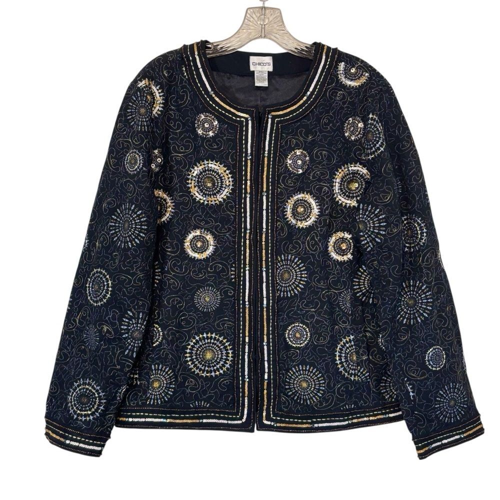 Chico's Black Dazzling Medallion Treena Beaded Sequin Embroidered Jacket